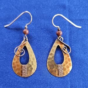 Copper and Brass Toned Teardrop Earrings with Swirl Accents